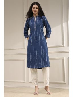 Biba - Women Blue Cotton Straight Yarn Dyed Kurta