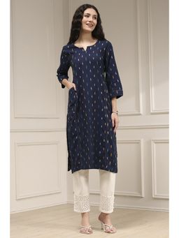 Biba - Women Indigo Blue Cotton Straight Yarn Dyed Kurta