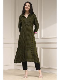 Biba - Women Olive Green Viscose Straight Printed Kurta