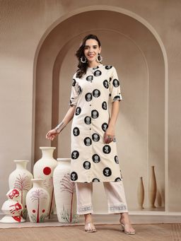 Stylum - Women's White Floral Printed Cotton Flax A-Line Kurta