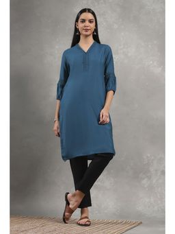 Rangriti - Women Teal Viscose Blend Solid Straight Kurta