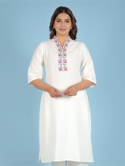 ARAMYA - Off White Linen Cotton Straight Embroidered Kurta