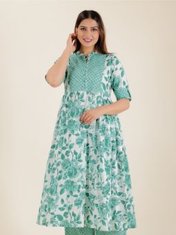ARAMYA - Green Soft Cotton Panelled Floral Print Kurta