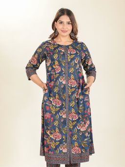 ARAMYA - Blue Soft Cotton A-Line Floral Print Kurta