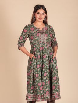 ARAMYA - Green Soft Cotton Floral Print Anarkali Kurta