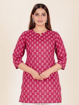 ARAMYA - Pink Soft Cotton Straight Buti Print Kurti