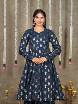 ARAMYA - Navy Blue Chanderi Gold Foil Print Kurta