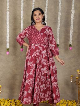 ARAMYA - Red Soft Cotton Floral Print Angrakha Kurta