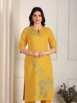 ARAMYA - Mustard Linen Cotton Straight Kurta