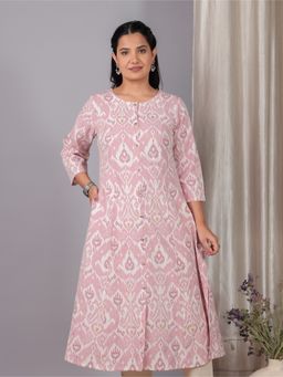 ARAMYA - Pink Linen Cotton A-Line Ikat Print Kurta