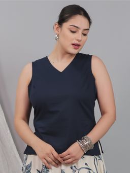 ARAMYA - Navy Blue Soft Cotton Solid Kurta