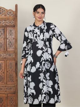 ARAMYA - Black Soft Cotton Floral Print Kurta