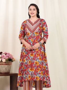 ARAMYA - Red Soft Cotton Floral Print Kurta