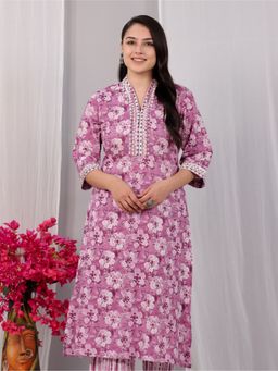 ARAMYA - Purple Soft Cotton Straight Floral Print Kurta