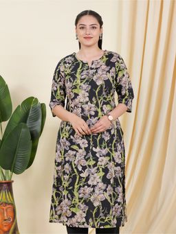 ARAMYA - Black Soft Cotton A-Line Floral Print Kurta