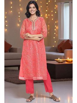 W - Ruby Peach Embellished Kota Doria Straight Kurta