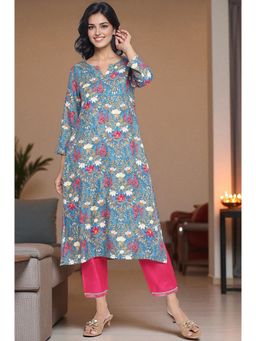 W - Blue Floral Printed Rayon Straight Kurta