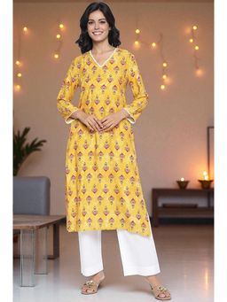 W - Yellow Floral Printed Rayon Straight Kurta