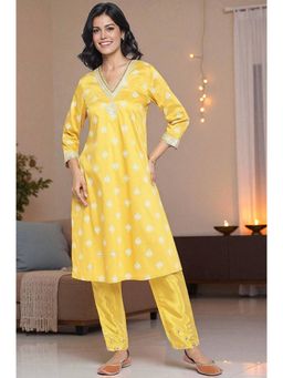 W - Yellow Embellished A-Line Kurta