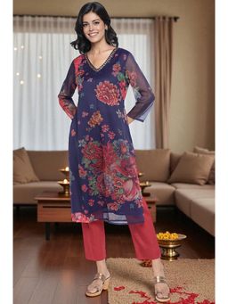 W - Midnight Blue Printed Chiffon A-Line Kurta