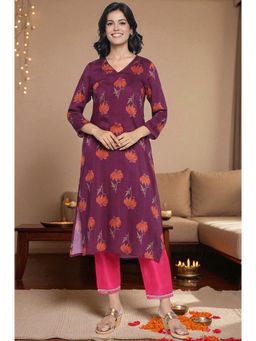 W - Sleek Wine Printed Crepe Straight Kurta