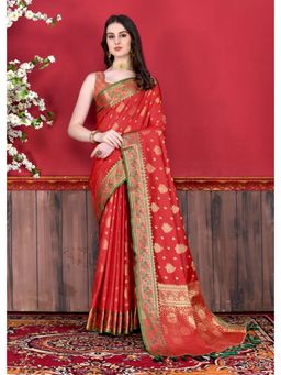 Yavira Silk - Red Silk Saree With Zari Pallu And Unstitched Blouse