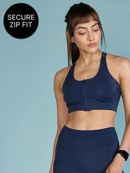 Kica - Front Zip Sports Bra with Removable Pads for Mid Impact Workouts Navy Blue