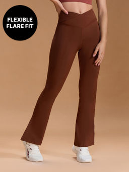 Kica - Criss Cross Flare Pants in Sculpting Stretch Kica SKN Fabric - Mid Rise with Side Slits Brown