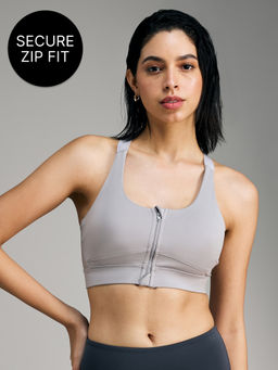 Kica - Front Zip Sports Bra with Removable Pads for Mid Impact Workouts Grey