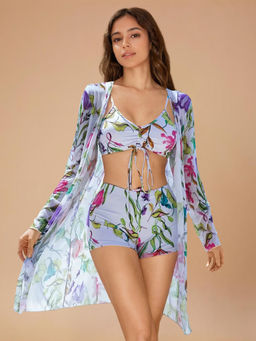 WomanLikeU - Women White Floral Printed Bra with Shorts & Cover-Up