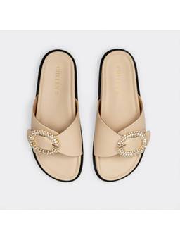 CHLLEN - Beige Opal Crystal Buckle Flats