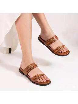 CHLLEN - Tan Floral Buckle Double-Strap Flats