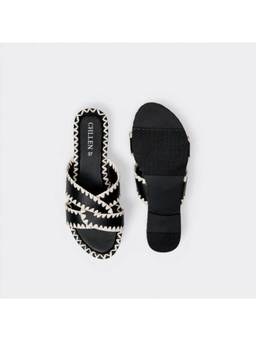 CHLLEN - Noir Contrast Stitch Cross-Strap Flats