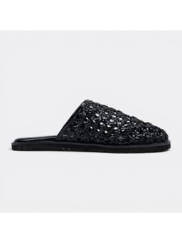 CHLLEN - Black Woven Closed Toe Mule Flats