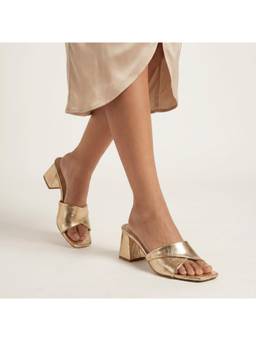 CHLLEN - Gold Cross Strap Open Toe Block Heels