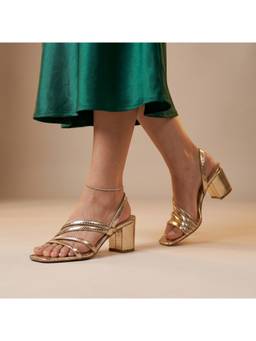 CHLLEN - Gold Multi-Strap Slingback Block Heels