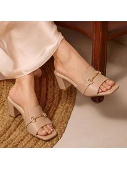 CHLLEN - Taupe Metal Accent Strap Block Heels