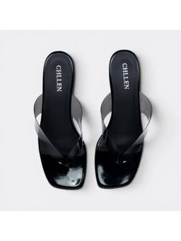 CHLLEN - Black Luxe Clear Strap Kitten Heels