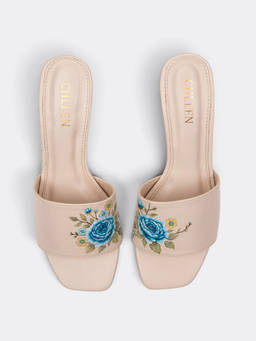 CHLLEN - Wildbloom Azure Bloom Hand-Painted Ivory Block Heel