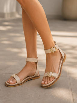 CHLLEN - Siena Ivory Buckle Strap Flat Sandals
