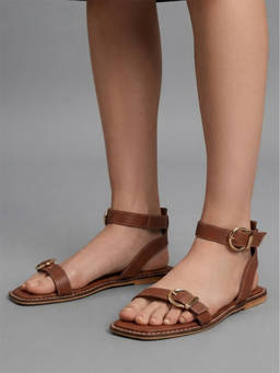 CHLLEN - Siena Tan Buckle Strap Flat Sandals