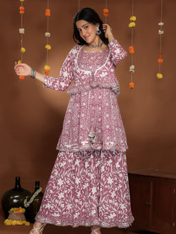 Aaheli - Wine Blossoms Block Printed Kurta, Sharara & Jacket Set (Set of 3)