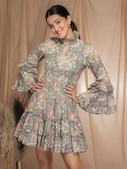 Aaheli - Meadow Bloom Floral Block Printed Tiered Mini Dress