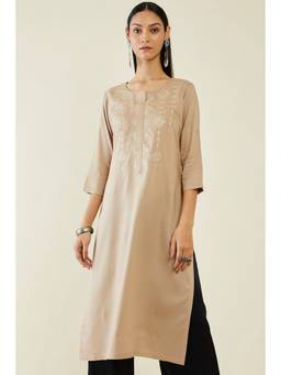 Soch - Women Beige Rayon Embroidered Kurta
