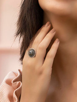 Sheer by Priyaasi - Mandala Oxidised Silver Ring with Blue Stone