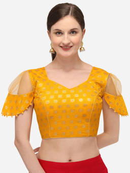 Amrutam Fab - Womens Jacquard Yellow Stiched Blouse With V Neck