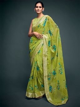Odette - Womens Georgette Light Green Printed Saree with Unstitched Blouse