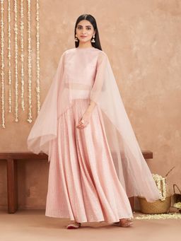 Gajra Gang - Amaira Pink Iridiscent Sequined Crop Top Palazzo Overlay GGSKD38 (Set of 3)