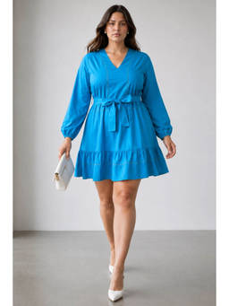 Virgio - Blue Solid Cotton A-Line Dress with Belt