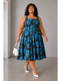 Virgio - Blue Floral Cotton Flared Dress